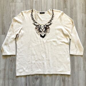 Vintage‎ Monari Womens Blouse Size 12 Top 3/4 Sleeve Cotton Beaded Embroidered